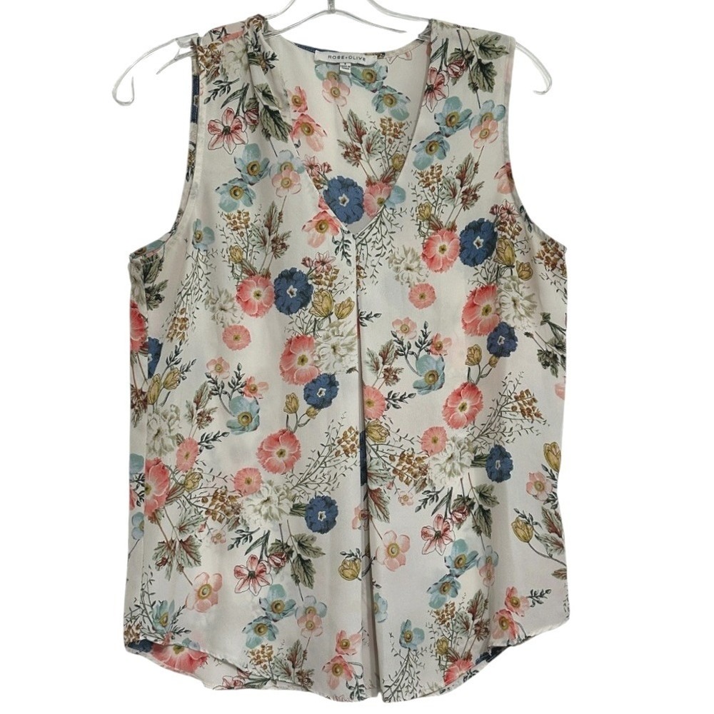 Rose + Olive Floral Blouse Womens Cream Pink Blue  Cottagecore Garden Party‎ S